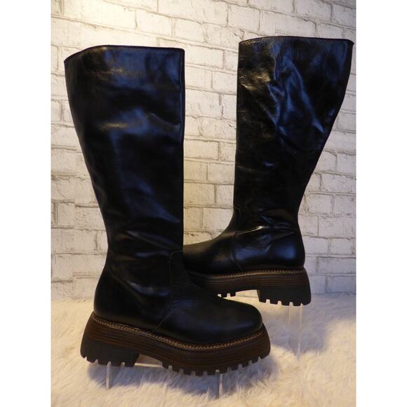 Free People Black Leather Rhodes Tall Platform Boots 10 NEW
